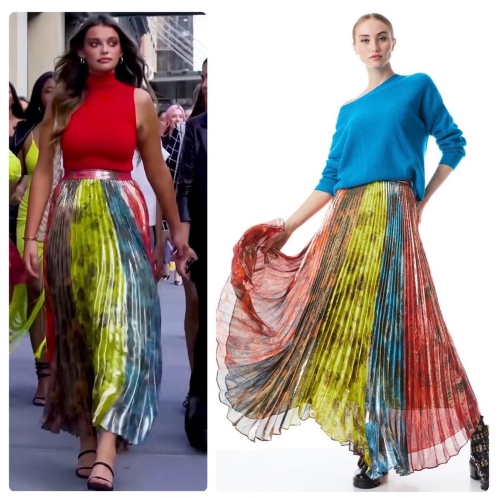 Alice + Olivia Multicolor Pleated Maxi Skirt in Red, Blue, Yellow, Green